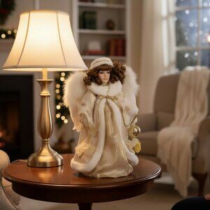 Gold and White Porcelain Angel Doll with Stand